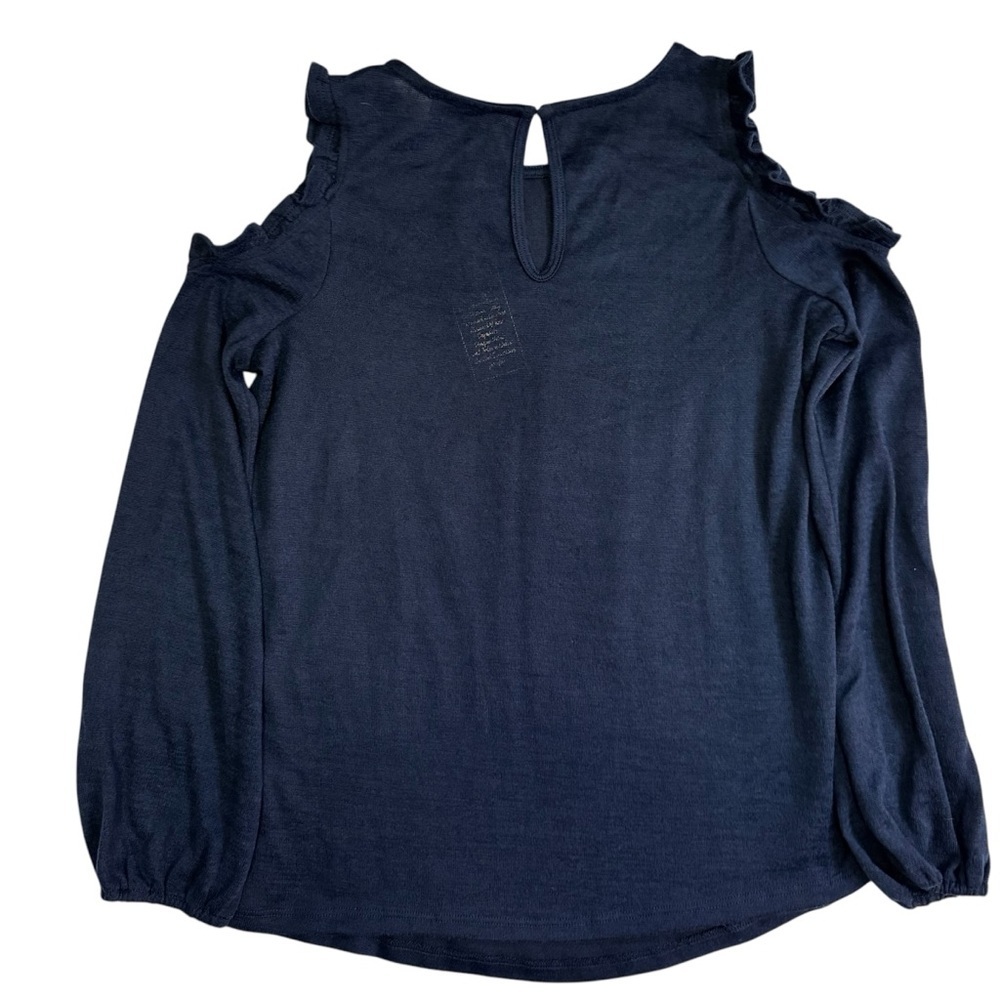 DG2 by Diane Gilman Cold-Shoulder Ruffle Top Shirt Sweater Navy Blue Size XS NWT - Picture 3 of 10